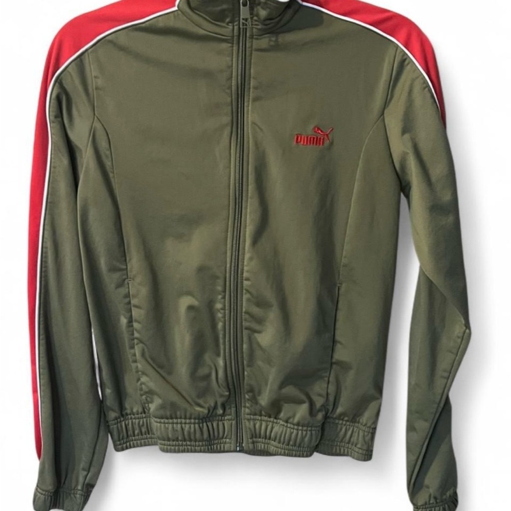 Vintage Puma Women’s Olive Green Track Jacket with Red Accents